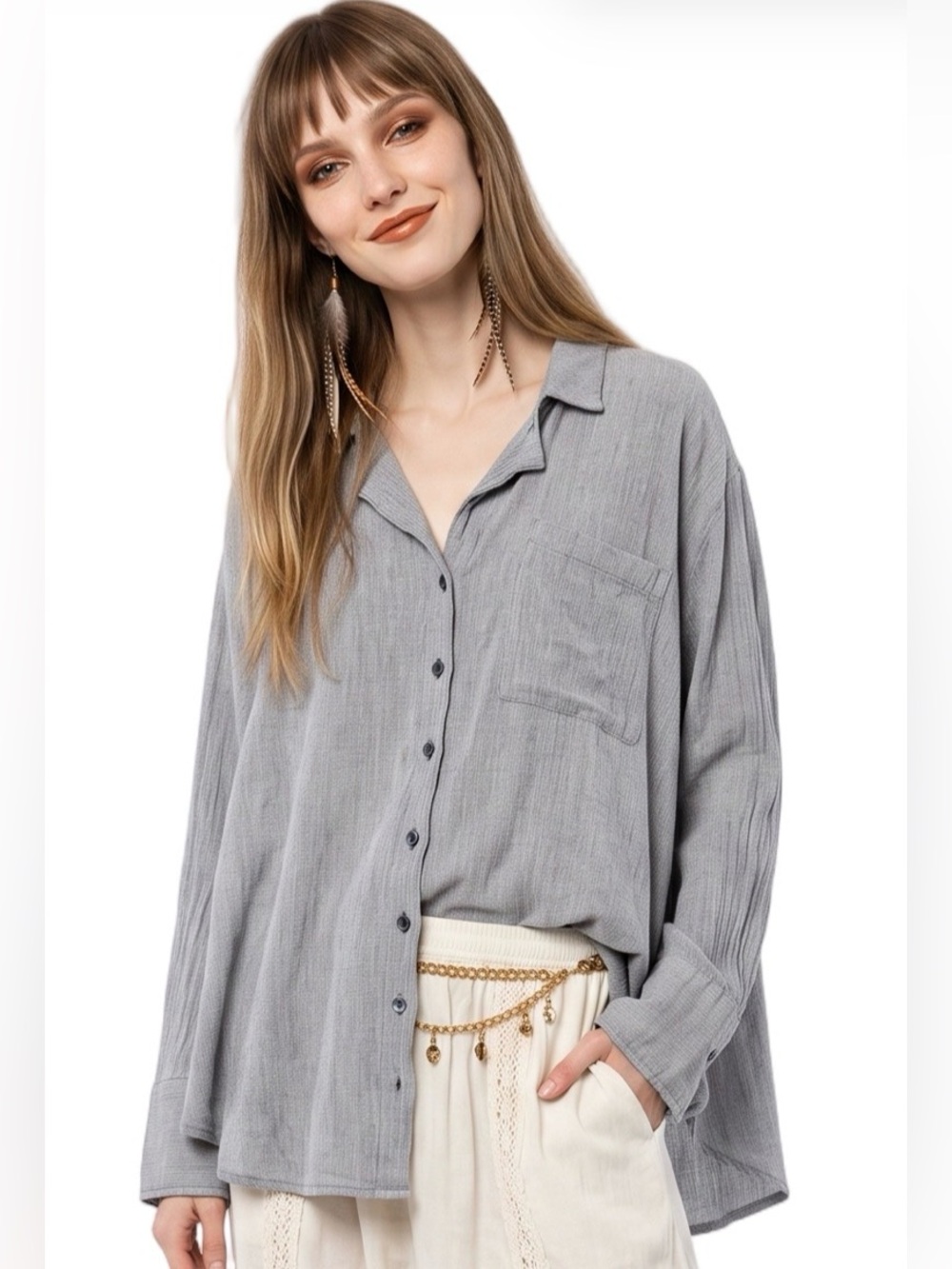Free People Grey Blue Magic Breeze Button down Blouse Longsleeve Oversized Gauze - Picture 16 of 16